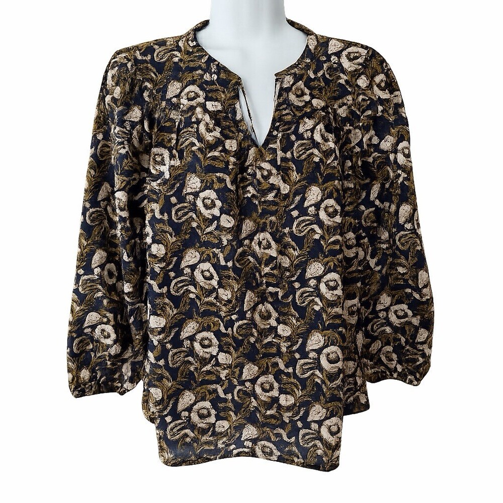 Banana Republic Floral Boho Blouse Medium Navy Cream Cotton Peasant Prairie Top